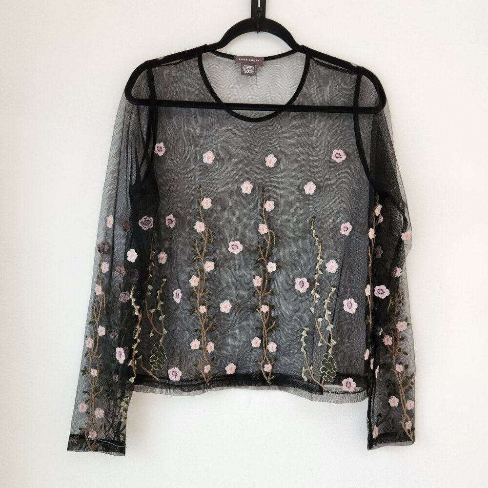 Sans Souci Sheer Black Blouse Floral Embroidery Whimsigoth Women's M